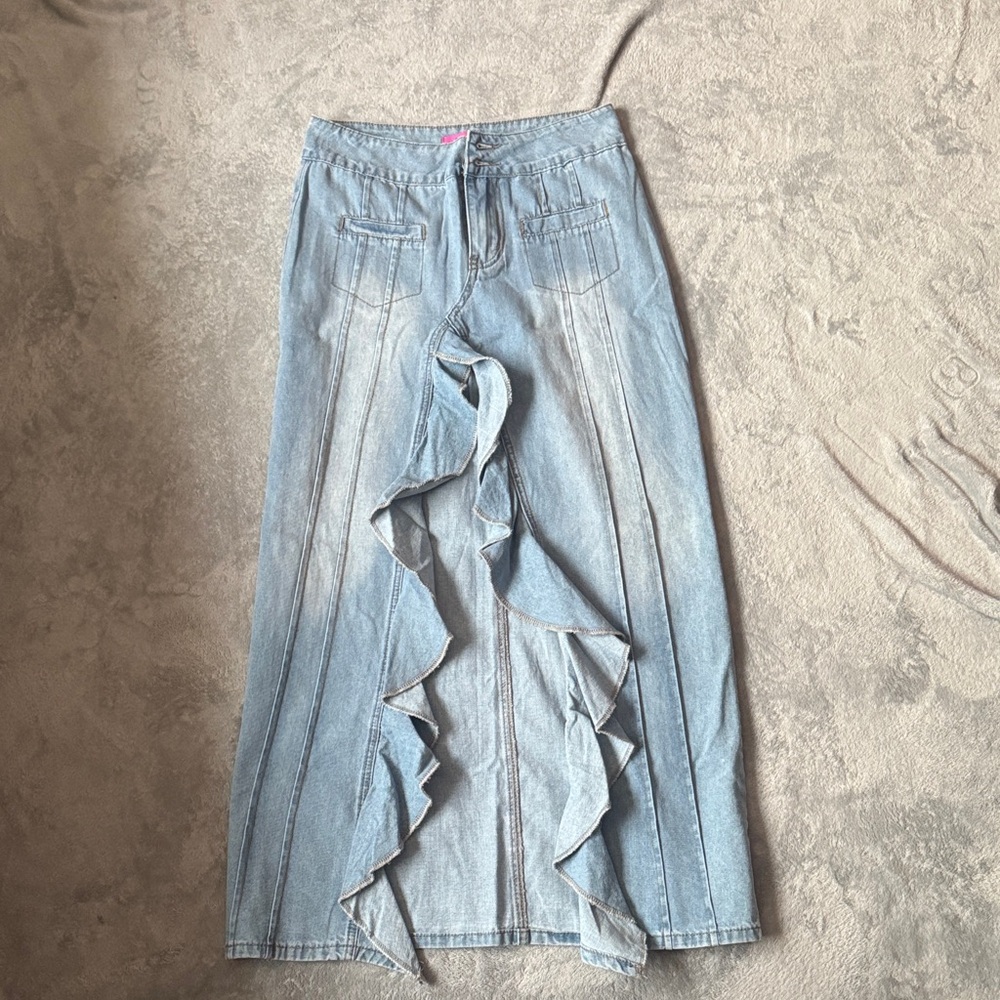 Edikted Light Blue Flare Jeans with Ruffle Detail